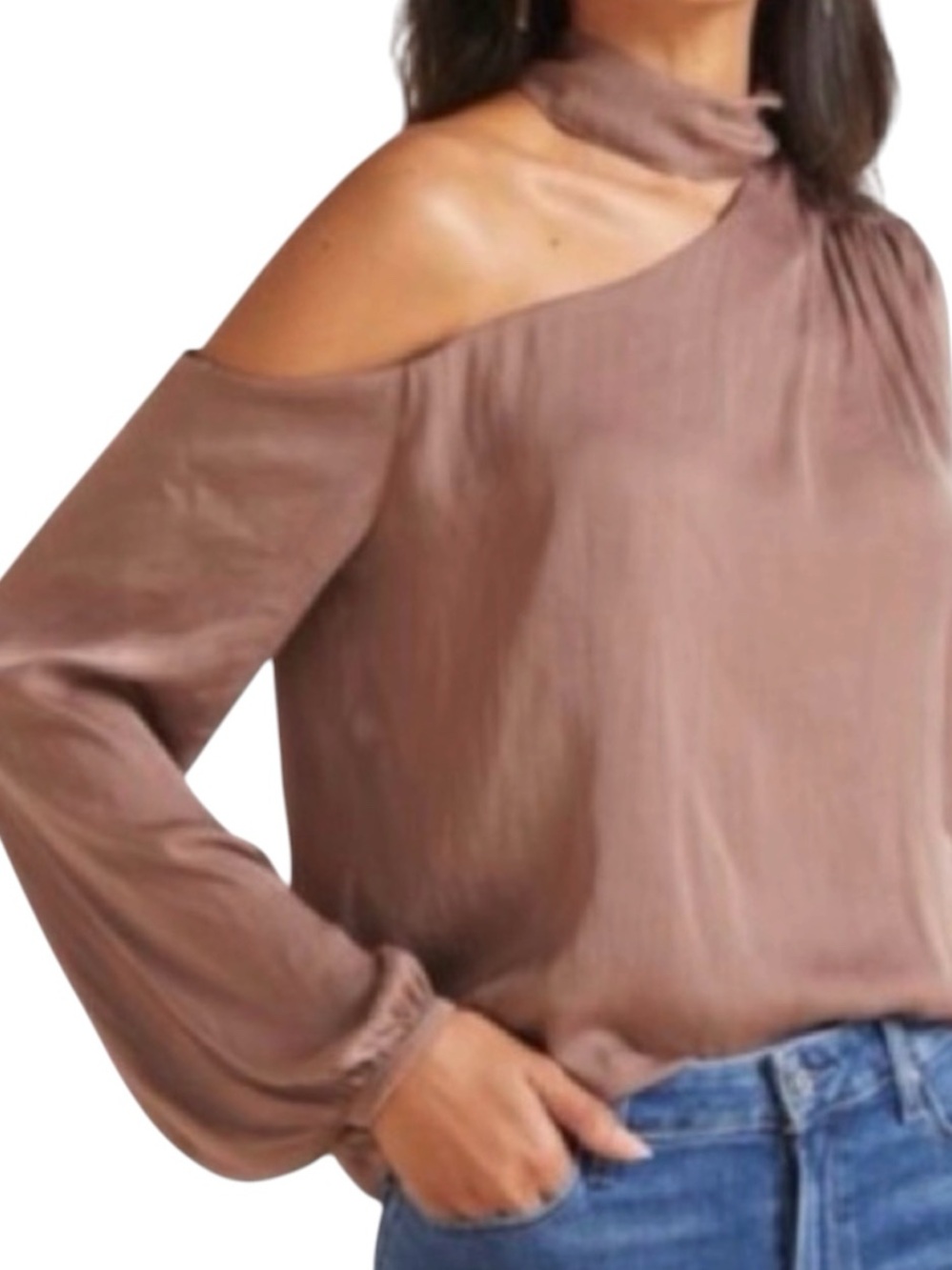 Evereve Allison Joy Womens Piper One Shoulder Blouse Mocha Brown Satin size M
